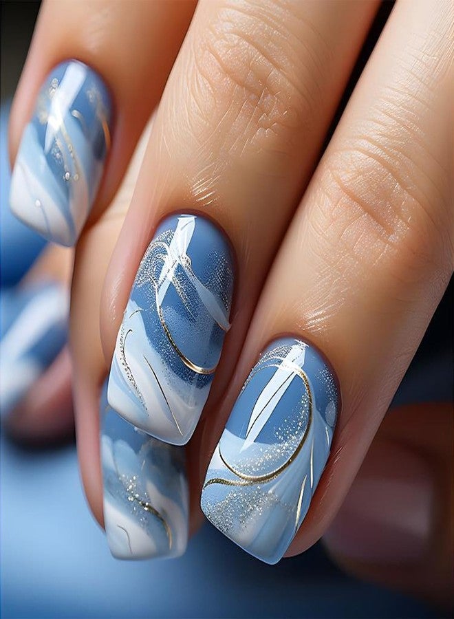 Vopintpy Blue White Gradient Press on Nails Short Square Fake Nails with Design Glossy Full Cover Glue on Nails Reusable Stick on Nails for Women DIY Charm Manicure - Image 1